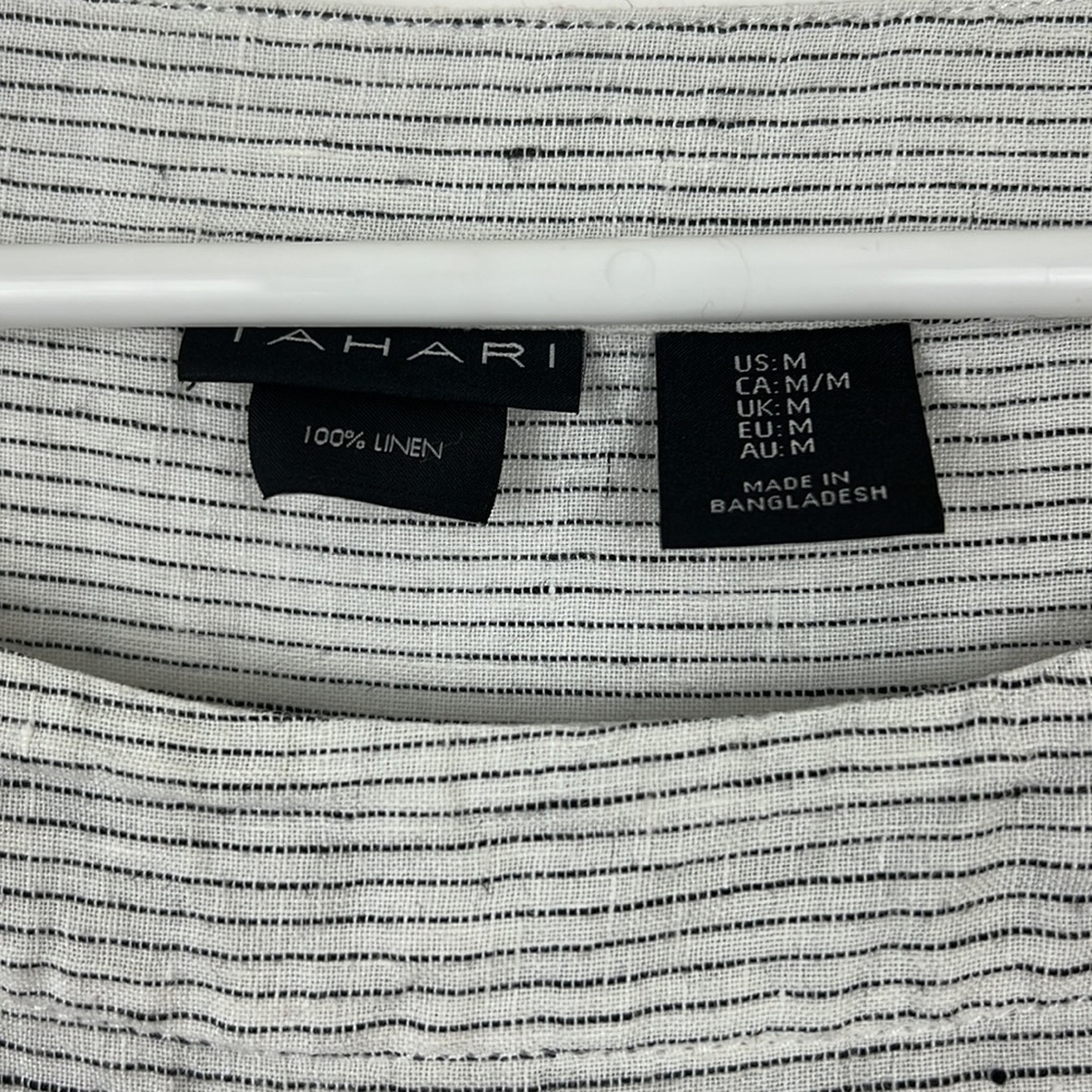 TAHARI 3/4 sleeve pullover top thin black stripes on white linen M - Picture 8 of 9